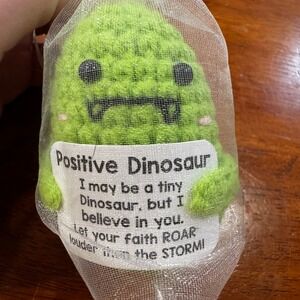 Handmade Crochet Positive Dinosaur Plushie Green Amigurumi Motivational Gift